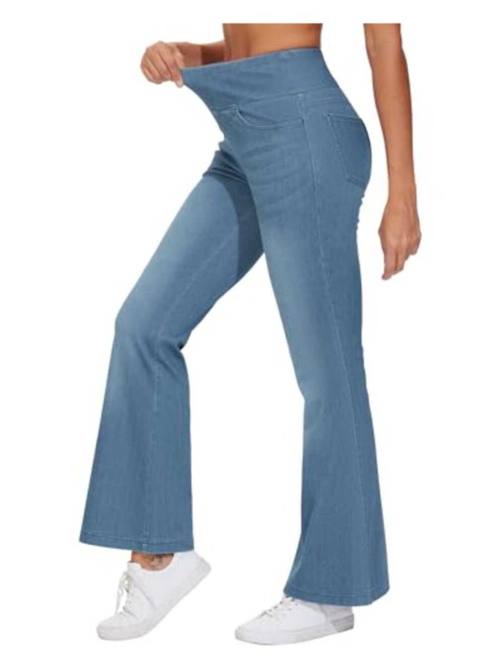 High Waisted Tummy Control Bell Bottom Wide Leg Flare Jeggings with Pockets